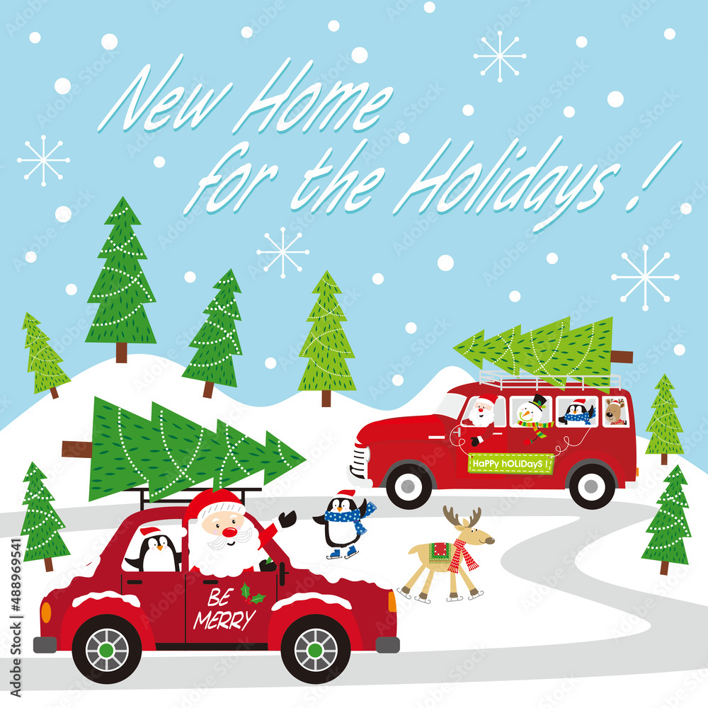 santa claus, snowman, penguin and reindeer driving a car