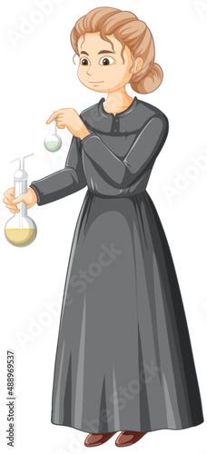 Marie Curie cartoon character on white background