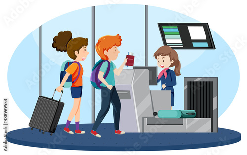 Passengers at check in counter with ground attendant