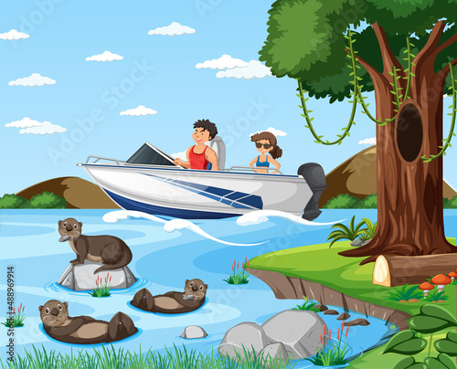 River forest scene with traveller on a speed boat