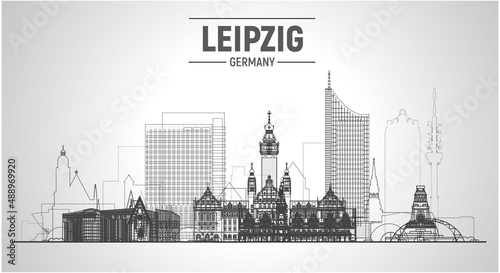 Leipzig Germany line skyline at white background. Flat vector illustration. Business travel and tourism concept with modern buildings. Image for banner or web site.