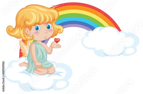 Angel girl sitting on a cloud with rainbow in caartoon style