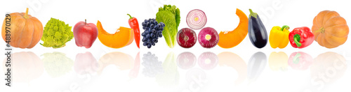 Fototapeta Naklejka Na Ścianę i Meble -  Colorful vegetables and fruits in row with light reflection isolated on white