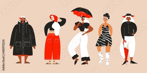 Women with umbrellas and rain coats. Abstract cartoon girl characters in different poses. Hand drawn fashion vector art