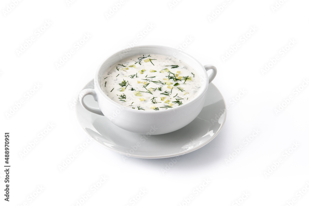 Bulgarian tarator sour milk soup in bowl isolated on white background Bulgarian tarator sour milk soup in bowl isolated on white background