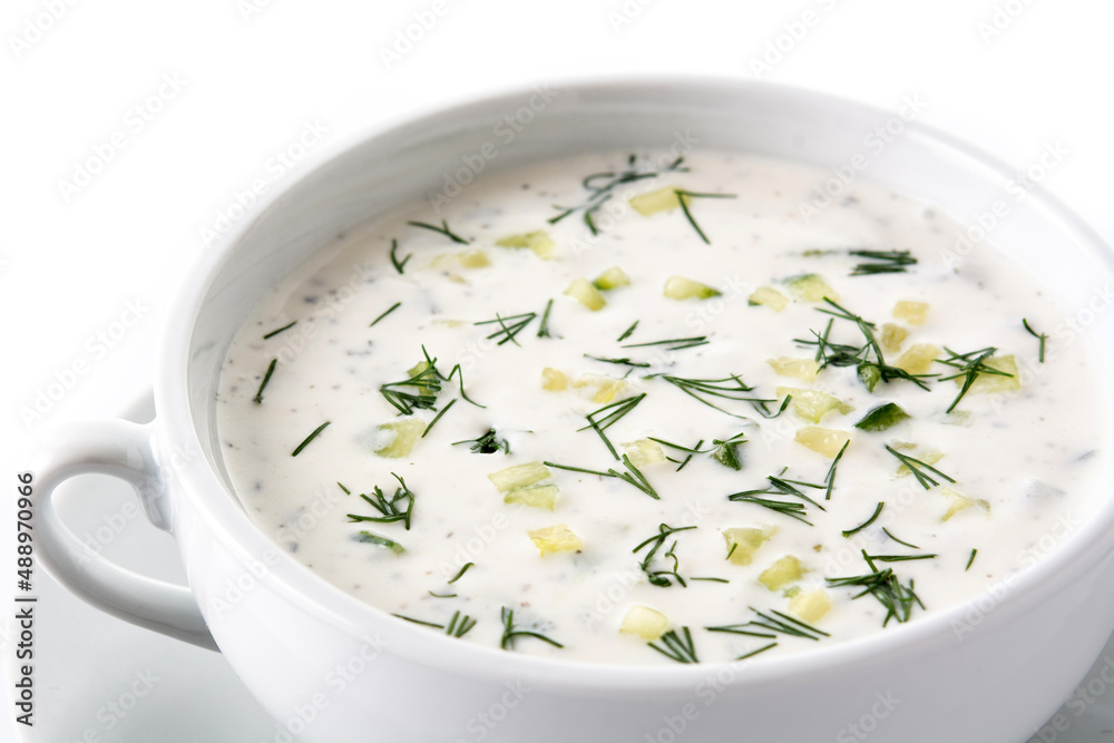 Bulgarian tarator sour milk soup in bowl isolated on white background. Close up Bulgarian tarator sour milk soup in bowl isolated on white background. Close up