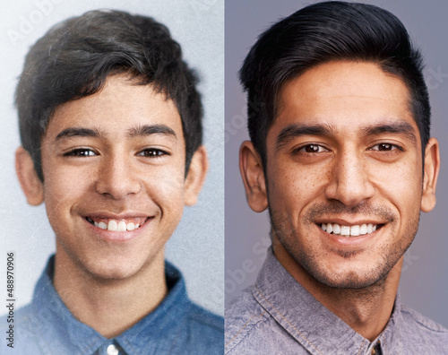 Growing more confident every year. A then and now image of a young boy and his adult self.