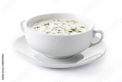 Bulgarian tarator sour milk soup in bowl isolated on white background