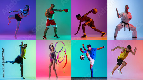 Collage. Portrait of young people, professional sportsmen training isolated over multicolored background in neon © Lustre