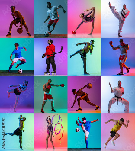 Collage. Portraits of professional sportive people training, posing isolated over multicolored background in neon