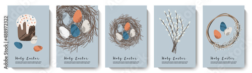 Holy Easter cards. Cute egg, nest, easter cake, willow. Eco decoration. Vector flat cartoon illustration. Perfect for poster, print, card, invitation, greeting, tag