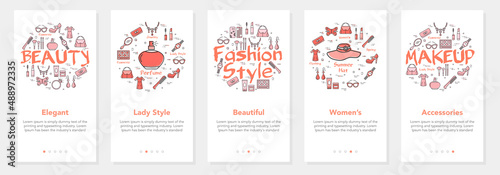 Fashion onboarding vector template. Five website and mobile app banners. Beauty and style application design. Perfume, clothes and cosmetics products