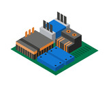 Isometric circuit board with electronic components. Computer chip technology processor circuit and computer motherboard information system. Electronic 3D isolated composition