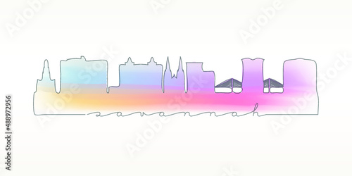 Savannah, GA, USA Skyline Watercolor City Illustration. Famous Buildings Silhouette Hand Drawn Doodle Art. Vector Landmark Sketch Drawing.
