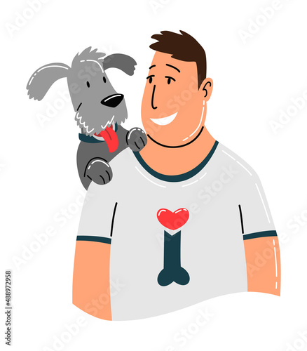 People and pet. Dog pet owner character. Man love his animal. Cute and adorable domestic animal