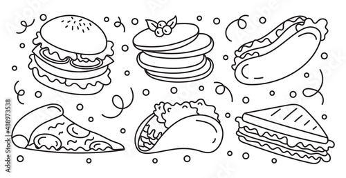 Wallpaper Mural A set of fast food doodle elements.Junk food.Burger,hot dog,burrito,sandwich, pizza. Isolated on a white background. Torontodigital.ca