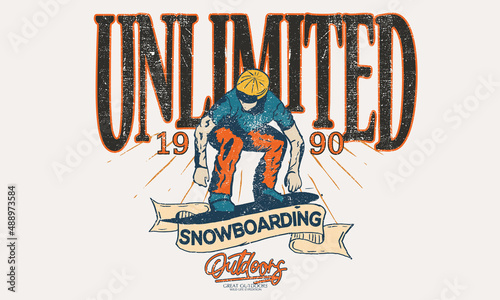 Unlimited adventure print design for t shirt, poster, background, sticker and others. snowboarding with people vector artwork.