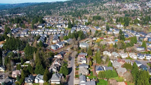 4K aerial drone shot overlooking Suburban neighborhood houses in Portland, Oregon. photo