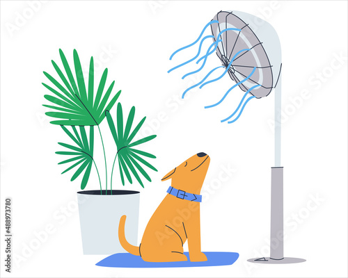 A small dog put its muzzle under a running fan. Cooling down a pet on a hot summer day. Flat vector illustration. Eps10