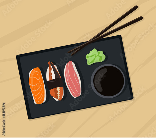 Set of traditional Japanese dishes of rolls and sushi with seafood. On a black plate and wooden table. Cartoon vector illustration hand drawing photo