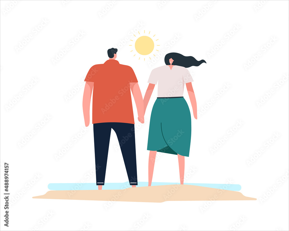 Lovers' date. A couple on the sandy shore of the blue ocean. A sunny day. Vector illustration of people on a white background.