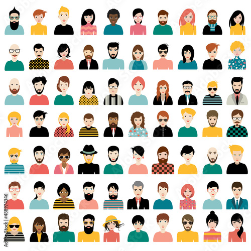 Mega set of persons, avatars, people heads different nationality in flat style. Vector.