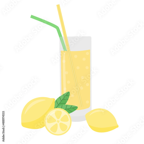 A glass of lemonade with two tubes and a lemon.