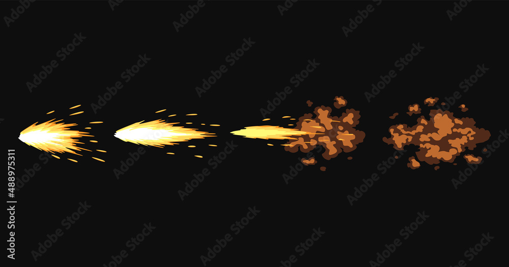 Gun flashes or gunshot animation. Cartoon flash effect of bullet starts  with smoke and sparkles. Fire explosion effect during shot with gun.  Shotgun fire, muzzle flash and explode Stock Vector | Adobe