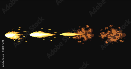 Gun flashes or gunshot animation. Cartoon flash effect of bullet starts with smoke and sparkles. Fire explosion effect during shot with gun. Shotgun fire, muzzle flash and explode