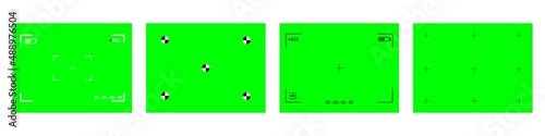 Green screen camera with video indicator parameters. Cinematic chroma key with viewfinder cross and resoluton photo quiality indicators. Digital zoom for modern vector bloggers.