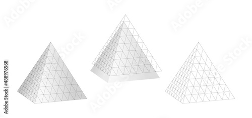 Geometric grid 3d pyramid. Gray triangle with monochrome mathematical digital network tracery creative polygonal vector structure.