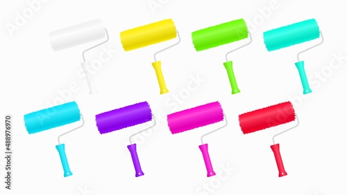 Iridescent paint rollers template. Colorful roller brushes for creative interior decor. Bright mood of home color vector renovation.