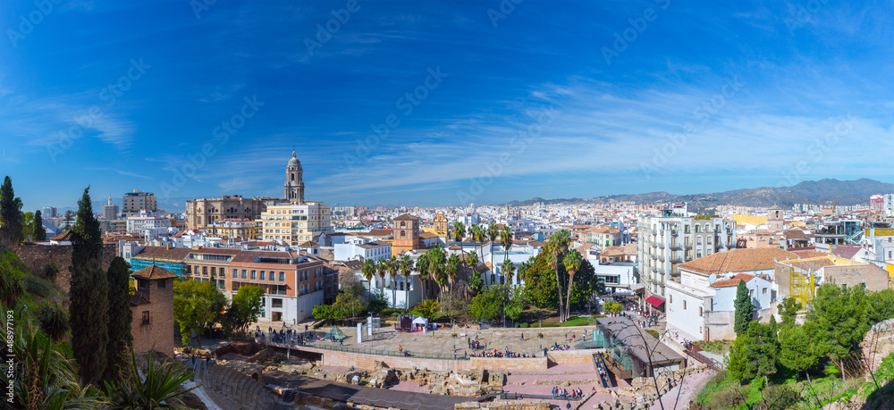 Panoramic view of big city, the cathedral of Malaga, church of St. Augustine and roman theatre. Costa del Sol. Malaga. Andalusia. Spain.