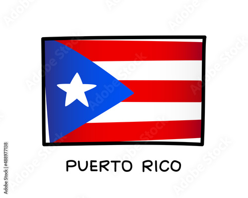 Flag of Puerto Rico. Colorful Puerto Rican flag logo. Blue, red and white hand-drawn brush strokes. Black outline. Vector illustration
