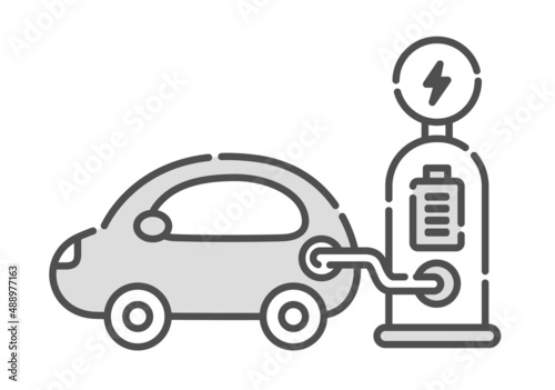 電気自動車の充電するイラスト。アイコンセット。