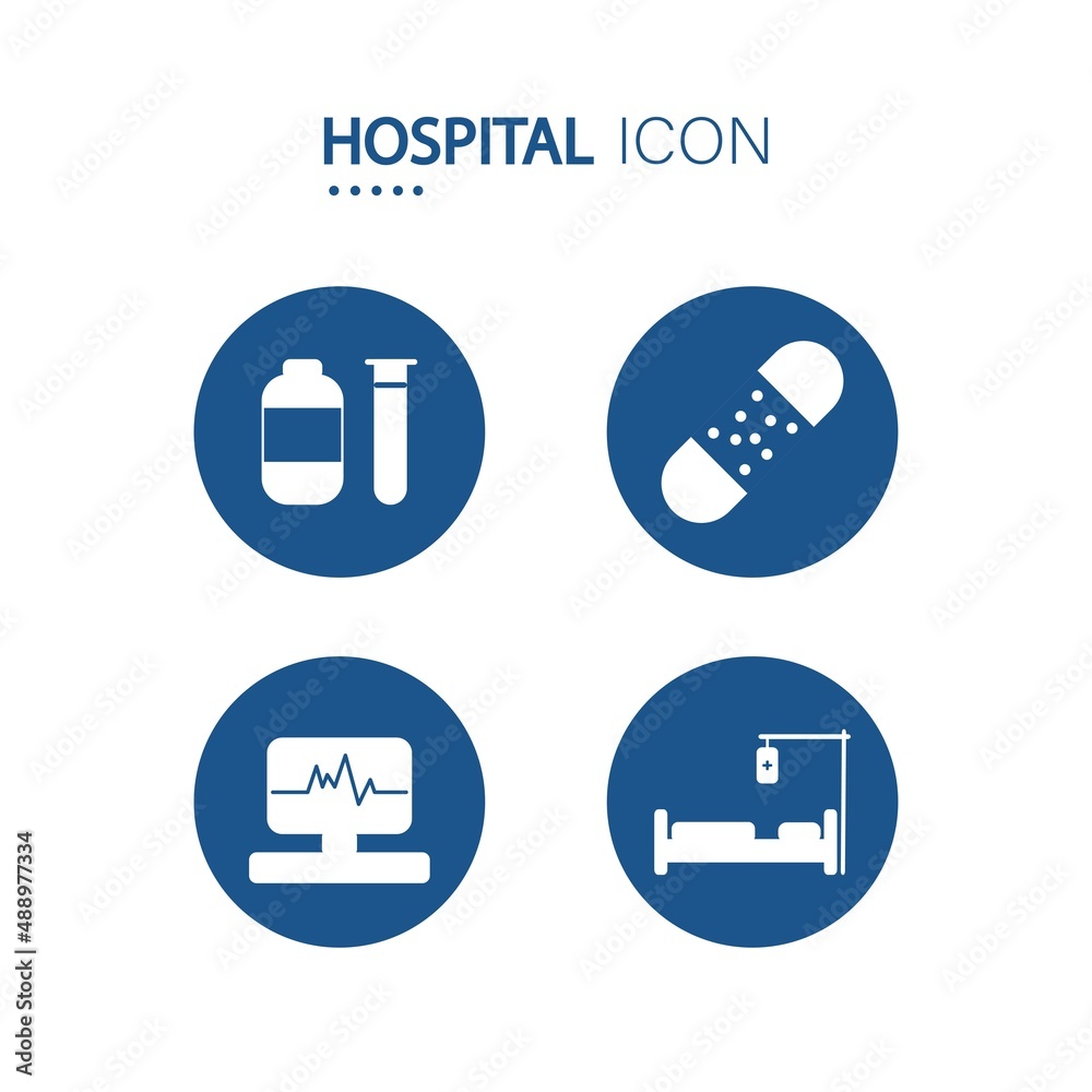 Symbol of equipment at hospital icons on blue circle shape isolated on white background. Vector illustration. Symbol of equipment at hospital icons on blue circle shape isolated on white background. Vector illustration.