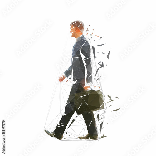 Business man walking and holding briefcase bag in his hand, low polygonal isolated vector illustration, geometric drawing from triangles. Side view, profile