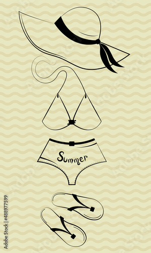 Beach hat, red women's swimsuit, slippers for summer holidays on the beach. Drawing with a black line.