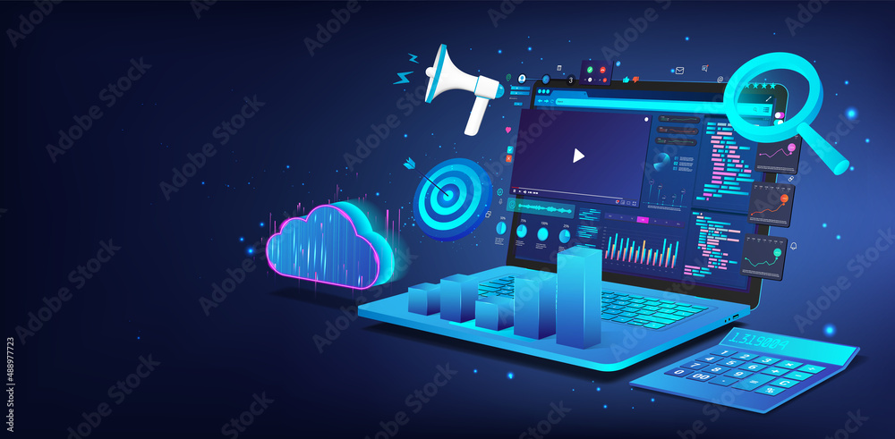 Growth strategy and financial goal, Business analysis, Financial management, Audit. Blue banner with 3D laptop and graphic and charts. Business development and digital marketing concept. Vector