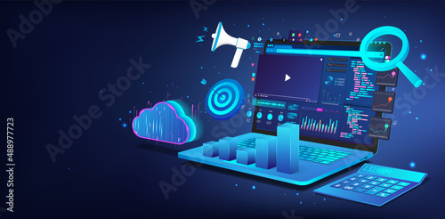 Growth strategy and financial goal, Business analysis, Financial management, Audit. Blue banner with 3D laptop and graphic and charts. Business development and digital marketing concept. Vector photo