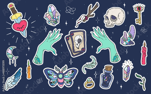 Witchcraft sticker set with mystic symbols, crystals, tarot cards, witch hands and scull. Magic hand drawn illustration on dark background.