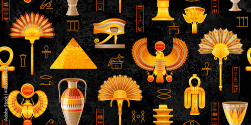 Ancient egyptian pattern. Pharaoh vector background from Egypt. Ankh old horus, scarab, pyramid. Hieroglyph symbol, icon. Historic ornament Design. Seamless pattern background. Egyptian wallpaper
