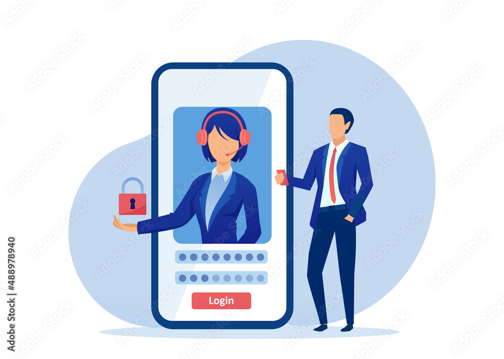 Vector of a man setting up user login password for an application on mobile phone with the assistance of customer representative Vector of a man setting up user login password for an application on mobile phone with the assistance of customer representative
