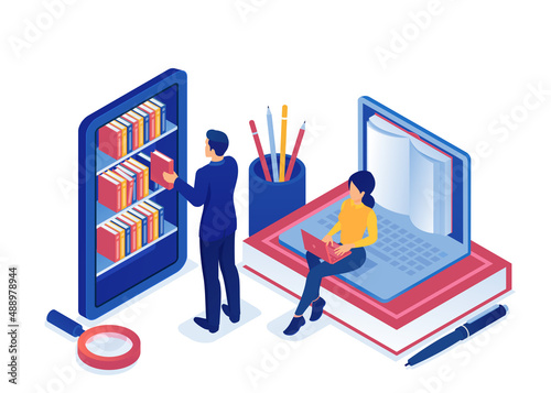 Fotografia Vector of a man and a woman using internet education resources online library