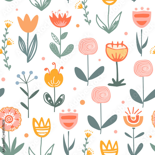 Fairy flower field seamless vector pattern. Scandinavian folk doodle style. Meadow background for fabric, cards, wallpaper, home decor. White background.