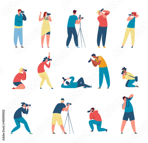 Professional photographers taking with camera, journalists. Photographer character shooting photo, cameraman or paparazzi vector set. Illustration of photography professional, photograph hobby