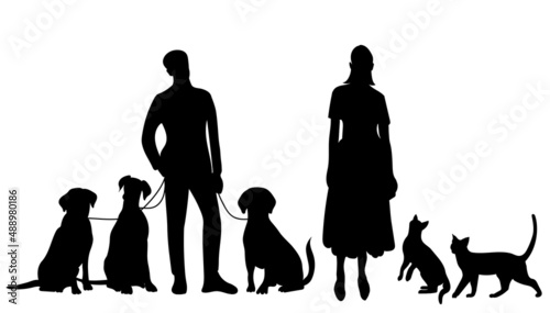 people with dogs silhouette on white background, isolated vector