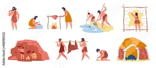 Prehistoric people with stone age tools, Cavemen hunt mammoth. Primitive characters hunting, cooking food, making fire, caveman hut vector set. Illustration of people primitive hunting