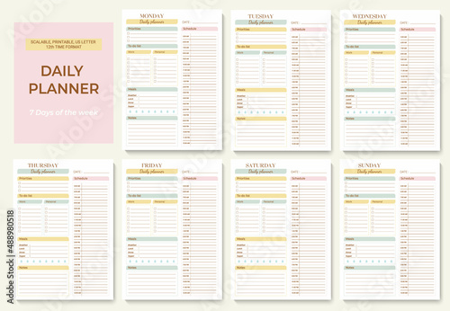 Minimalist printable planner page templates. Daily planner for every day with 12 hour time format. Schedule, tasks, notes for the day. Vector graphic set for daily routine.