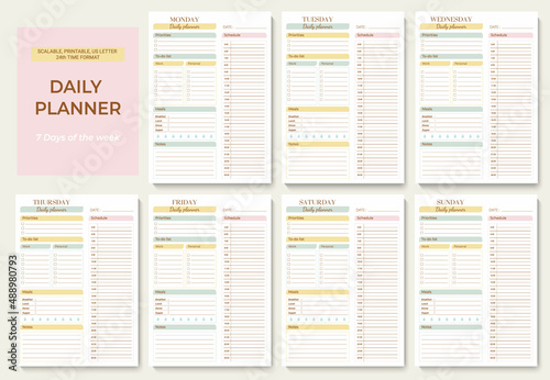 Minimalist printable planner page templates. Daily planner for every day with 24 hour time format. Schedule, tasks, notes for the day. Vector graphic set for daily routine. photo